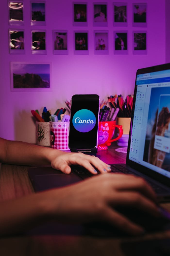 about-us-01 A creative home workspace with a laptop and smartphone displaying Canva, showcasing a vibrant, organized desk setup.